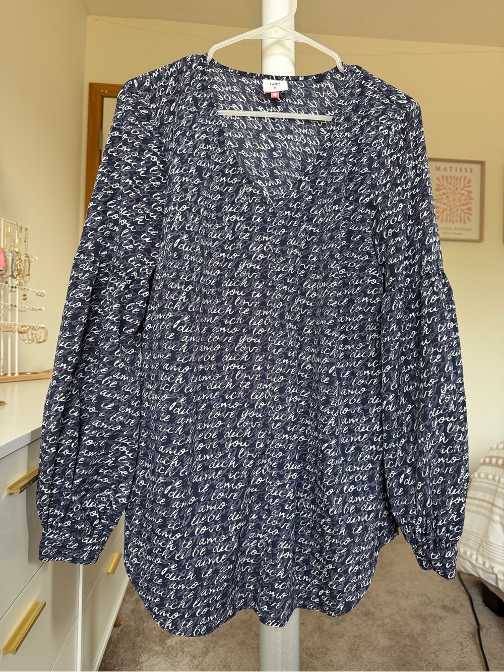 CAbi Navy and White Script Peasant Blouse